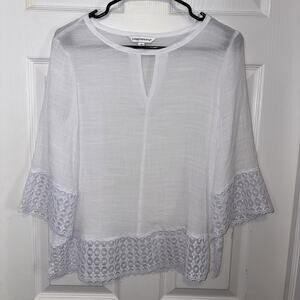 Counterparts Women's Lace Hem Top Size M 3/4 Sleeve White Round Neck NWOT 0382-x